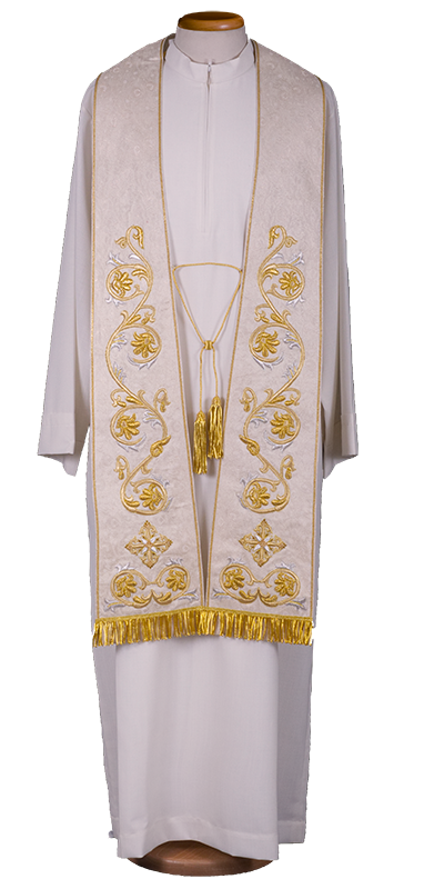 Hand-Embroidered 100% Silk Liturgical Stole with Damask Design and Canottiglia Fringe – Made in Italy
