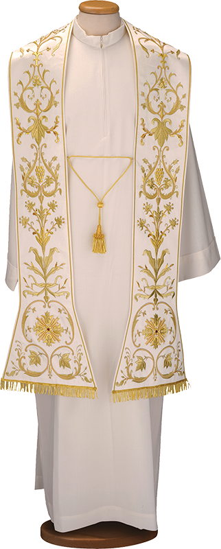 Hand-Embroidered 100% Acetate Liturgical Stole – Italian-Made with Bullion Bow and Fringe