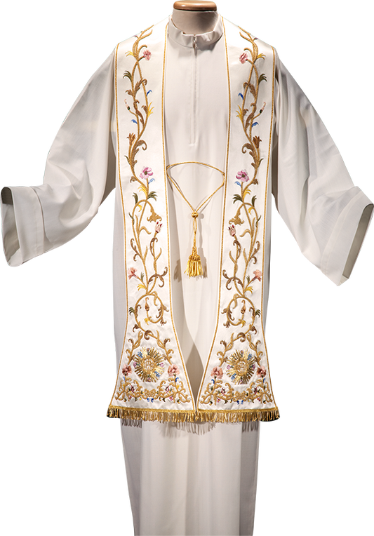 Hand-Embroidered Acetate Liturgical Stole – Made in Italy with Bullion Bow and Fringe