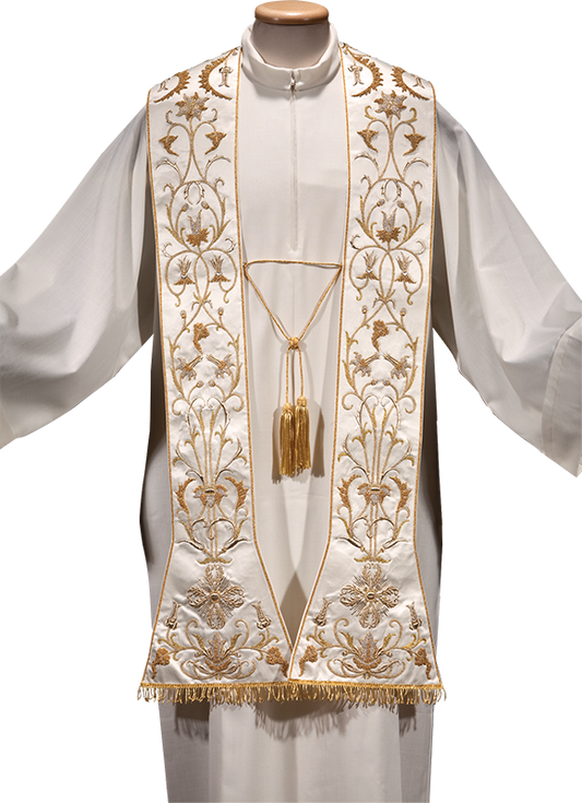 Italian Hand-Embroidered Acetate Liturgical Stole – 100% Acetate with Bullion Bow and Fringe