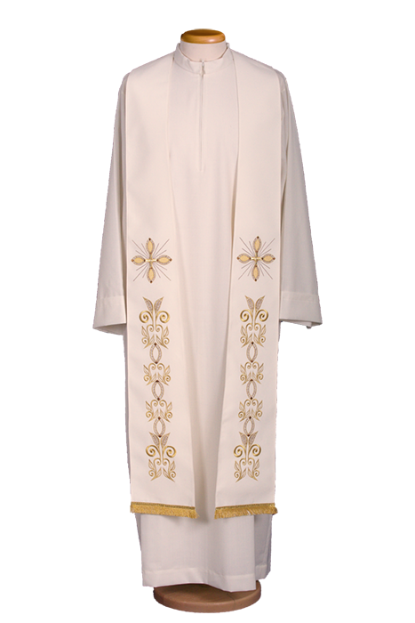 100% Polyester Liturgical Stole with Machine Embroidery and Rebour Fringe – Elegant Vestment for Simple and Refined Celebrations