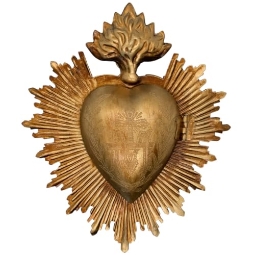 VILLAGE GIFT IMPORTERS Metal Milagros Heart Wall Ornament | 5" Tall | Mexican Inspired Folk Art Religious Wall Decor | Gold-Tone | Immaculate Heart of Mary Symbol | Catholic Home Decoration
