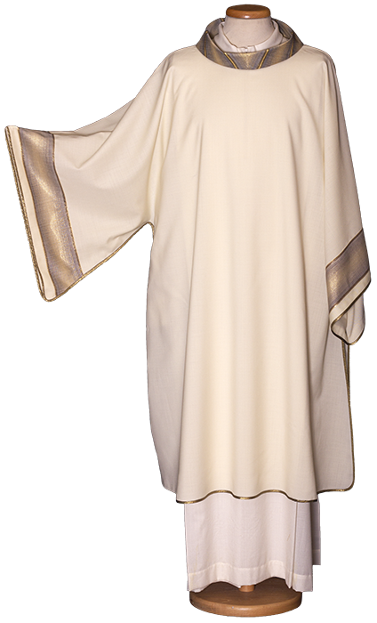 Lurex Wool Dalmatic with Gold and Gray Embroidery – Elegant Liturgical Vestment with Cowl Neck for Catholic Deacons