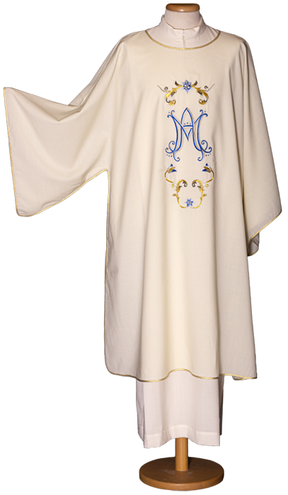 Marian Dalmatic in 100% Polyester with Embroidered Ave Maria Symbol and Gold Soutache Trim – Elegant Liturgical Vestment