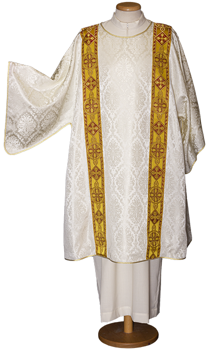 Damask Dalmatic with Liturgical Braid and Gold Trim – Elegant Clergy Vestment for Catholic Mass and Solemn Celebrations