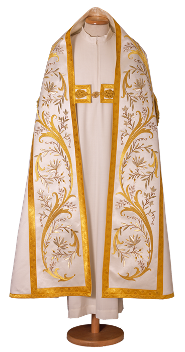 Roman Cope in Pure Wool – Classic Liturgical Vestment with Embroidered Satin Stolon, Gold Trim, and Raw-Style Gold Hook