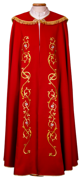 100% Polyester Liturgical Cope with Traditional Machine Embroidery – Gold Fringe and Hook Detail for Clergy