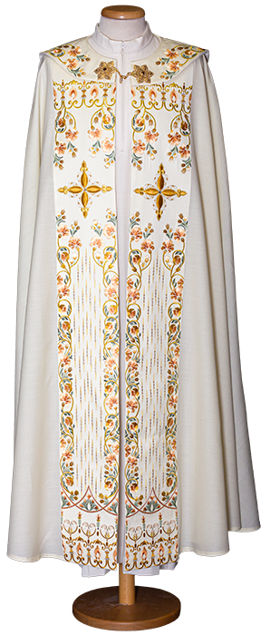 Regal Gold Embroidered Pure Wool Cope with Satin Stolon – Machine Embroidered Liturgical Vestment