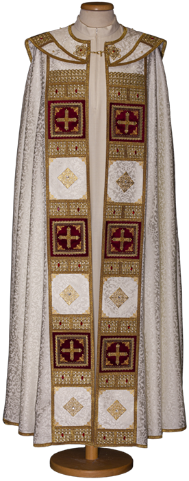 Luxury Viscose Acetate Cope – Exclusive Gamma Design with Hand-Sewn Swarovski Stones, Gold Trim, Velvet Inserts & Embroidered Cross