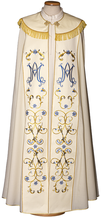 Marian Cope in Pure Wool with Embroidered Blue and Gold Stolon – Liturgical Vestment with Ave Maria Collar