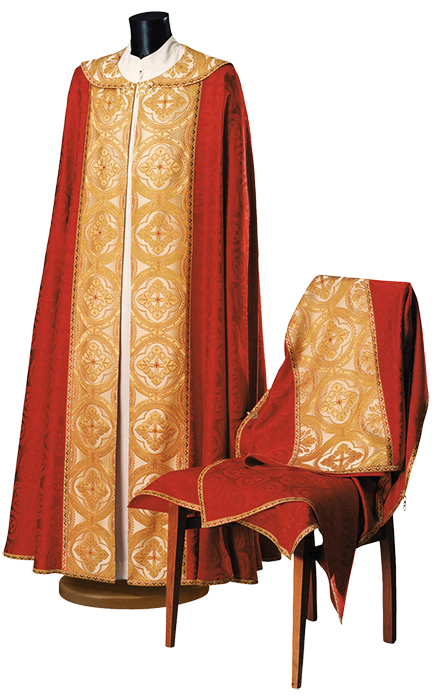 Damask Cope with Brocade Stole and Rich Gold Trim – Elegant Liturgical Vestment for Catholic Ceremonies and Clergy