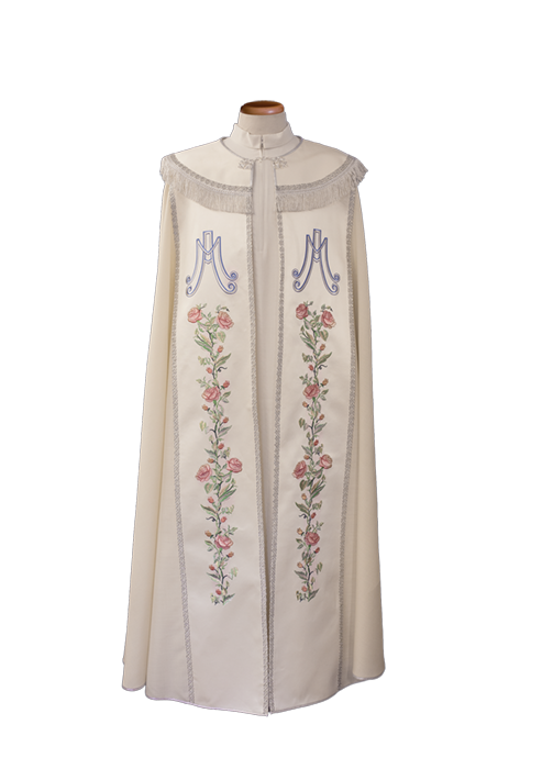 Marian Cope in Pure Wool with Embroidered Satin Stole and Ave Maria Collar – Elegant Liturgical Vestment with Silver Trim