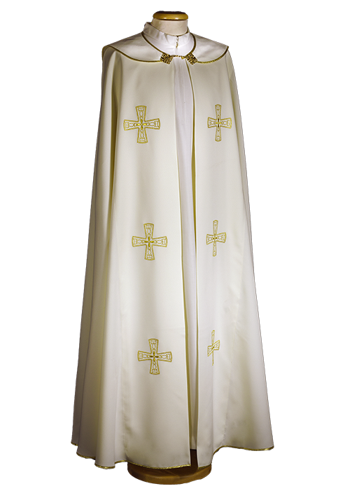Economical 100% Polyester Cope with Gold Trim – Machine Embroidered Liturgical Vestment with Functional Hood