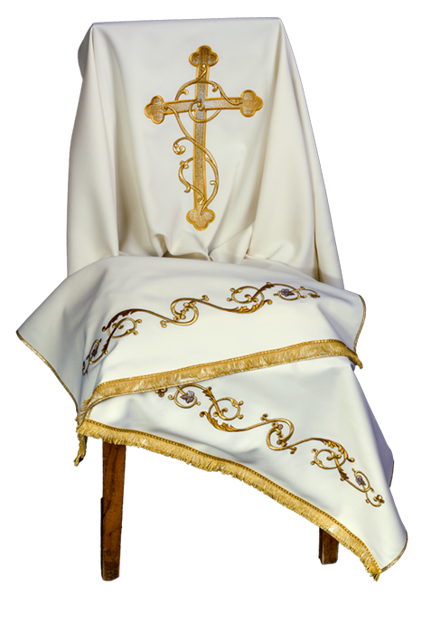 100% Polyester Humeral Veil with Gold Embroidery and Fringe – Elegant Liturgical Vestment with Detailed Craftsmanship