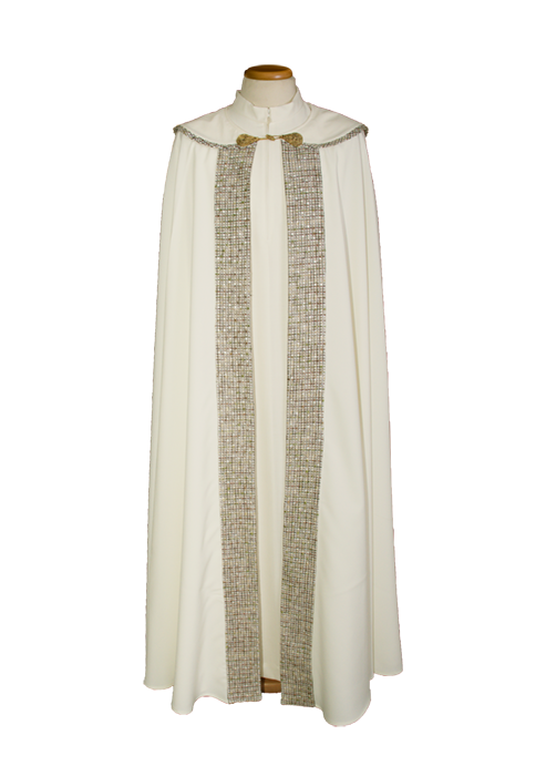 100% Polyester Cope with Raw Wool Accents and Embroidered Cross – Elegant Liturgical Vestment with Hand-Sewn Stone and Gold Hook