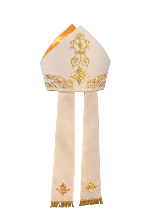 Pure Wool Mitre with Gold Lining and Embroidered Lappets – Elegant Liturgical Headpiece with Fringe for Catholic Ceremonies