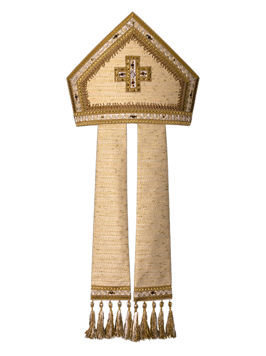 Handcrafted Mitre in Fine Wool with Gold Lurex and Gemstone Cross – Liturgical Headpiece with Silver and Bronze Embellishments for Bishops and Clergy