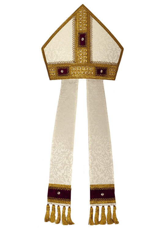 Mitre in Viscose Acetate with Swarovski Stones and Velvet Inserts – Handcrafted Liturgical Headdress with Gold Edges and Coordinated Infulae by Gamma