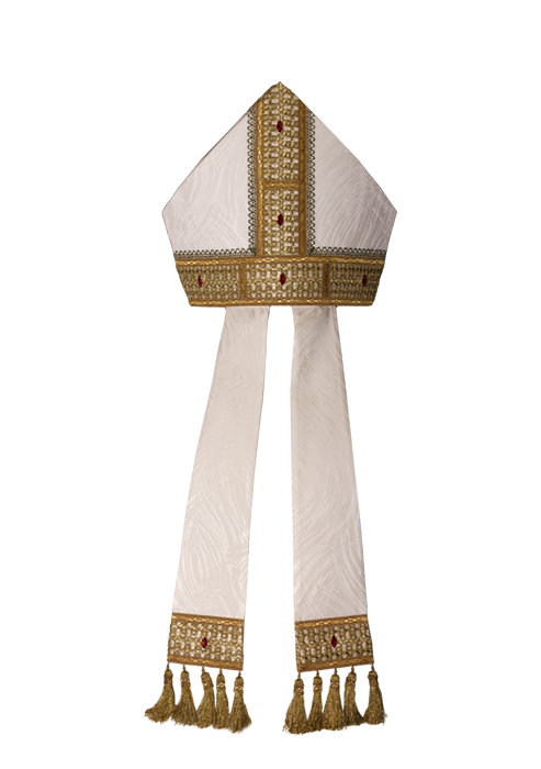 Viscose Acetate Mitre with Red Swarovski Stones – Exclusive Gamma Design with Gold Edges and Hand-Applied Details