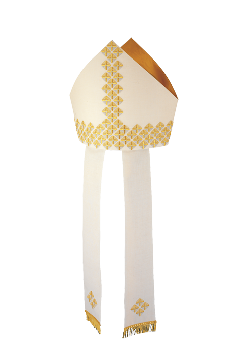 Pure Wool Mitre with Gold Fabric Lining and Embroidered Infulae – Elegant Liturgical Headpiece with Gold Fringe for Catholic Clergy