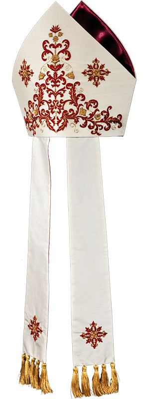 Hand-Embroidered Acetate Mitre with Red Lining and Gold Fringe – Made in Italy Liturgical Vestment