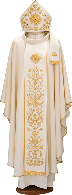 Pure Wool Chasuble with Hand-Embroidered Stole and Gold Fringe – Traditional Liturgical Vestment with Ring Collar