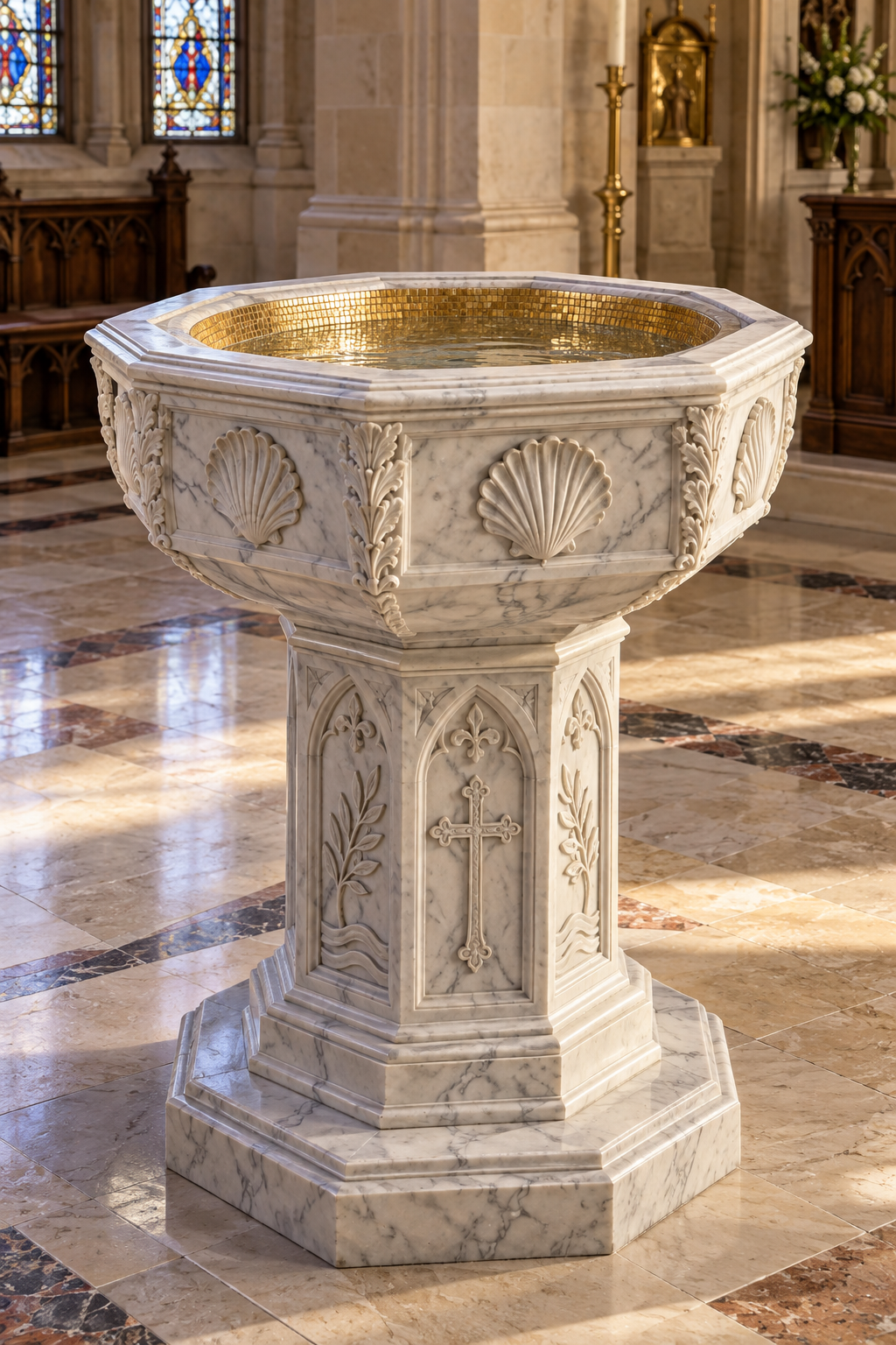 Italian Carrara Marble Baptismal Font with Venetian Glass Mosaic Basin