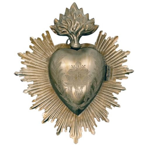 VILLAGE GIFT IMPORTERS Metal Milagros Heart Wall Ornament | 5" Tall | Mexican Inspired Folk Art Religious Wall Decor | Gold-Tone | Immaculate Heart of Mary Symbol | Catholic Home Decoration