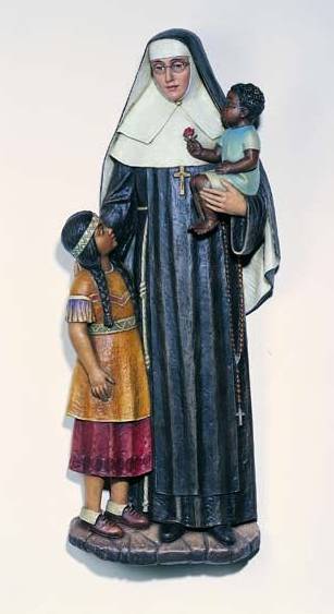 Hand Carved in Linden Wood or Fiberglass Mother Katherine Drexel with Two Children | Made in Italy