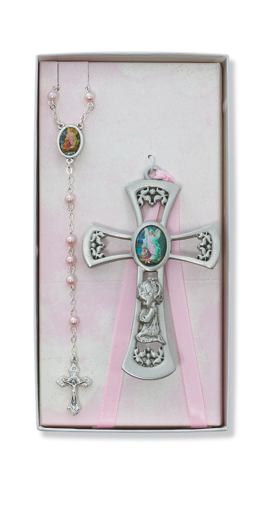 Crib Cross and Pink Rosary Set