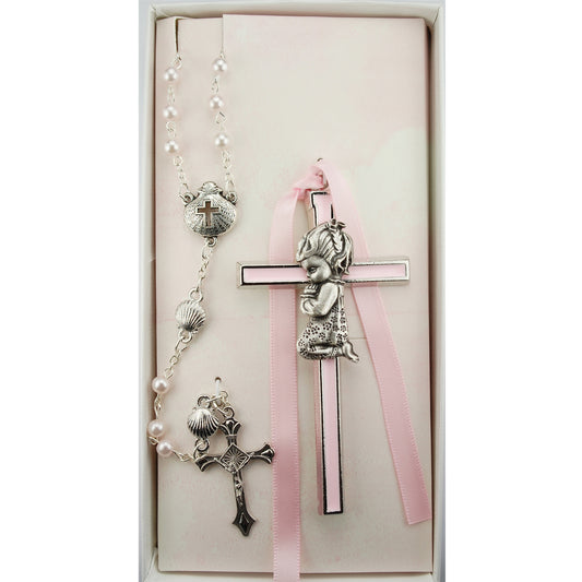Pink Crib Cross and Pink Rosary Set