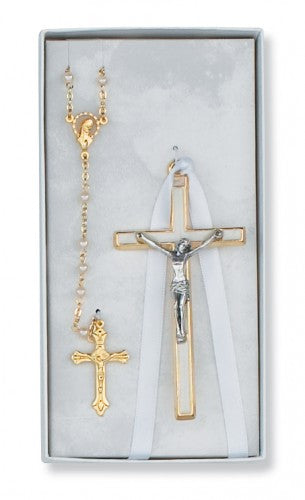 WHITE ROSARY & CRUCIFIX SET