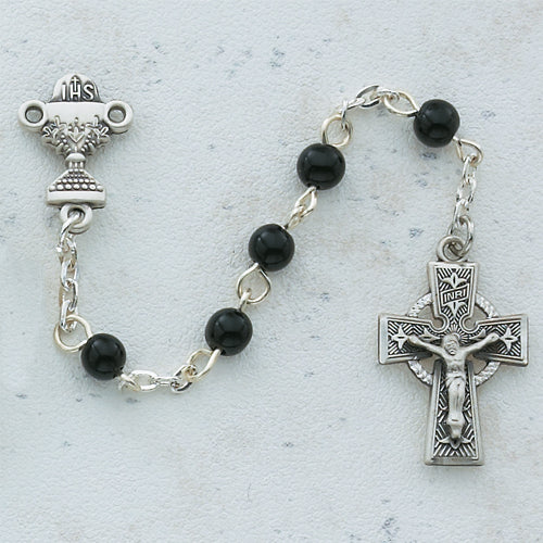 SS 5MM BLK CELTIC COMM ROSARY