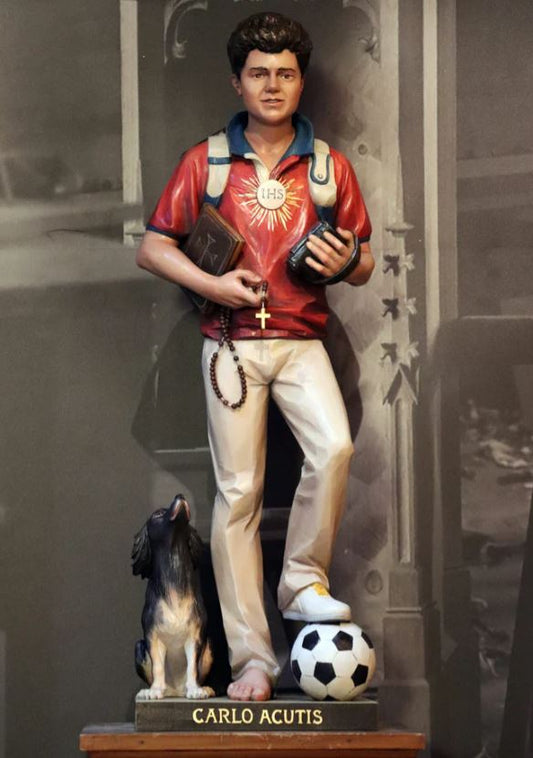 Wooden Statue of Blessed Carlo Acutis (Dog & Soccer Ball) 4 Feet Tall