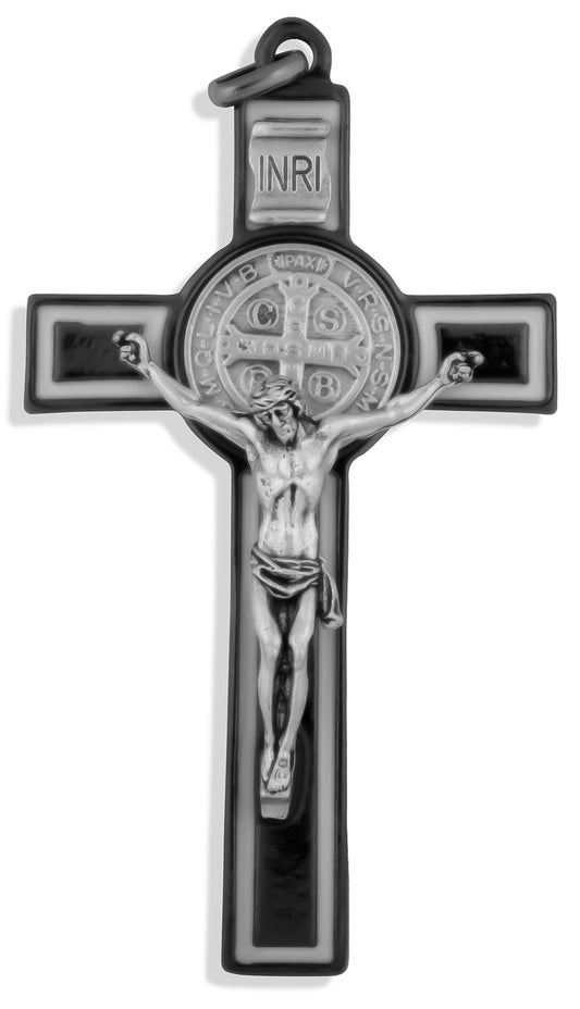 Black Saint Benedict Cross with White Enamel Inlays, 3"