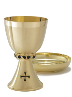 Beautifully Crafted High Polish Chalice Plated in 24k gold with Stunning Black Stones and Cross