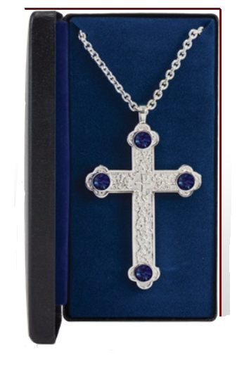 Elegant Silver Pectoral Cross with Sapphire Accents