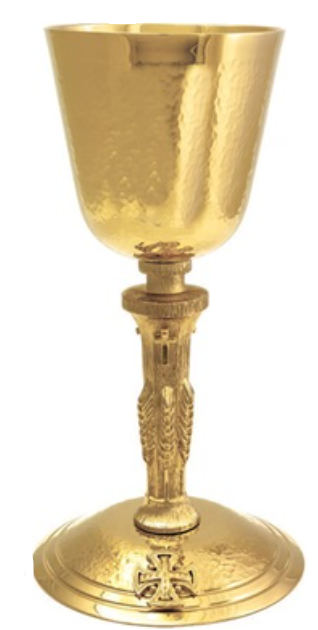 Our Gorgeous Wheat Stem 24k Gold Plated Chalice with Hammered Texture and Gold Cross Accent