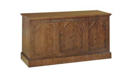 Sliding Door Communion Table with Open Back, Two Shelves, and Secure Locking Mechanism