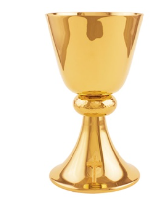 Elegant High Polish 24K Gold Chalice with Hammered Textured Node and Cross Accent