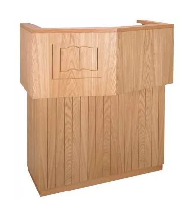 Symbol-Designed Pulpit with Extended Shelf for Lamp, Microphone, and Dual Shelves