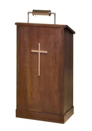 Lectern with Extended Shelf for Lamp and Microphone, Two Interior Shelves, and Decorative Wood Cross