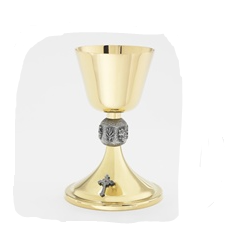 24K Gold Plated High Polish Chalice with Silver-Ox Wheat Accent and Cross - A Symbol of Grace and Devotion