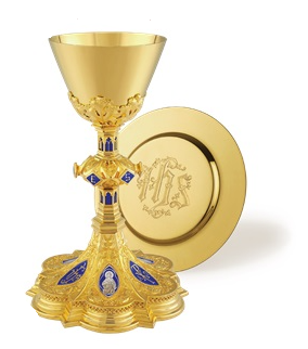 "Holy Family Gold Chalice – Enamel Medallions and High-Relief Design"