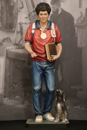 Wooden Statue of Blessed Carlo Acutis (Dog & Soccer Ball) 4 Feet Tall