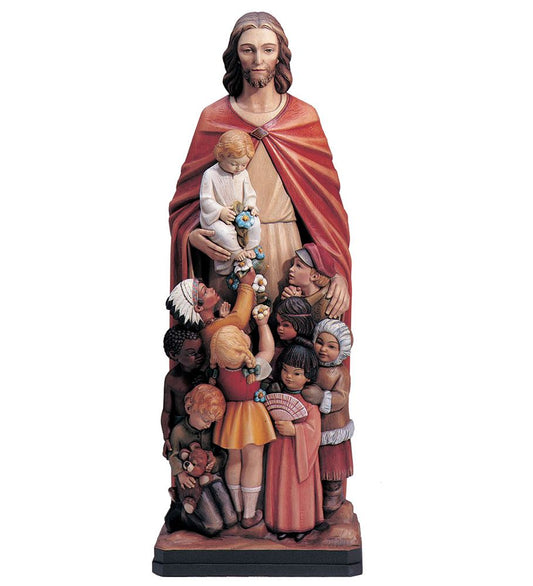 Hand Carved in Linden Wood Jesus With Children of the World Statue from Italy