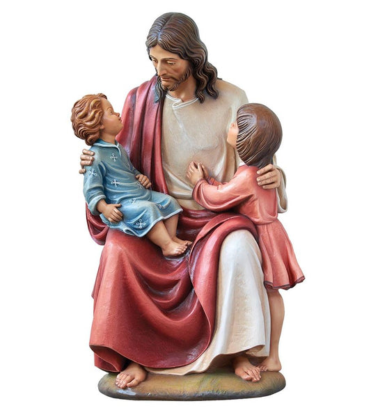 Hand Carved in Lindenwood Jesus with Children Statue from Italy
