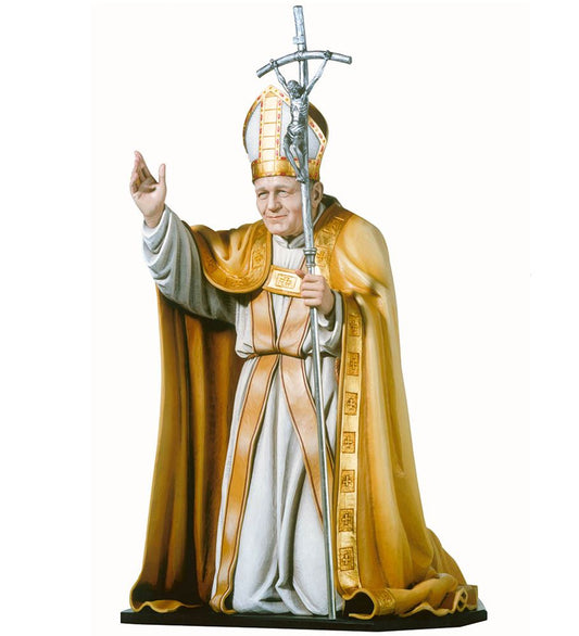 Hand Carved in Linden Wood Pope John Paul II Kneeling Statue | Made in Italy