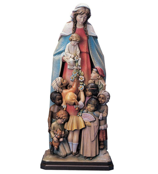 Hand Carved in Linden Wood Our Lady With Children of the World Statue from Italy