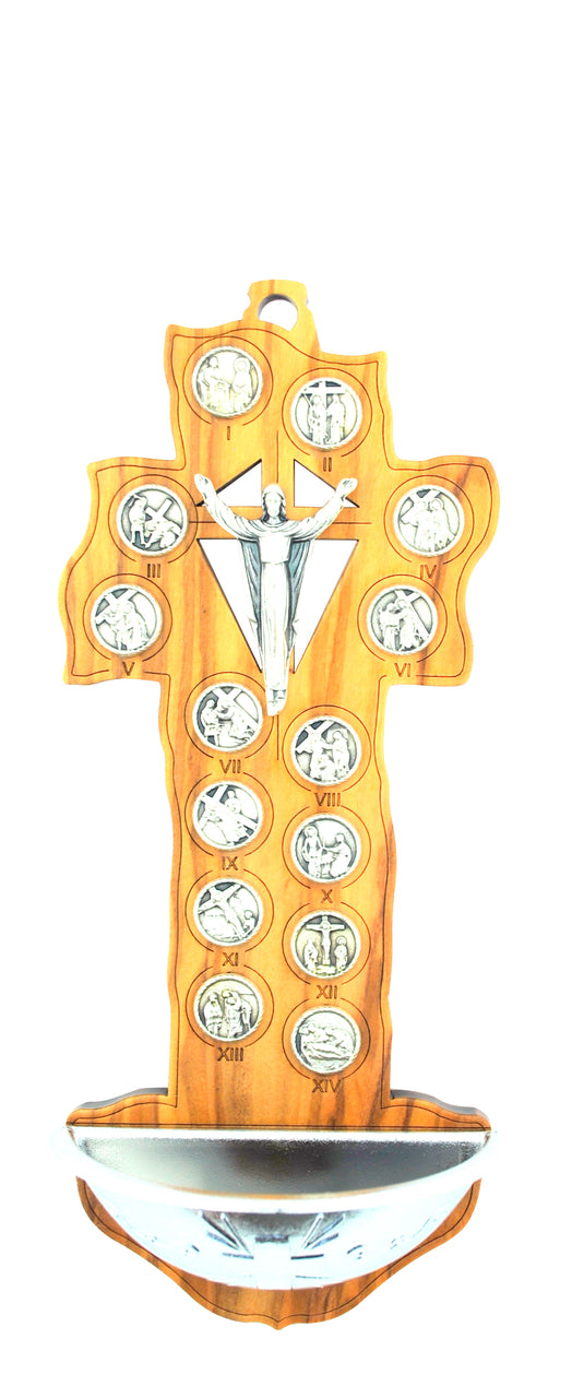Olive Wood Stations of the Cross Holy Water Font (Crucifix-Style)